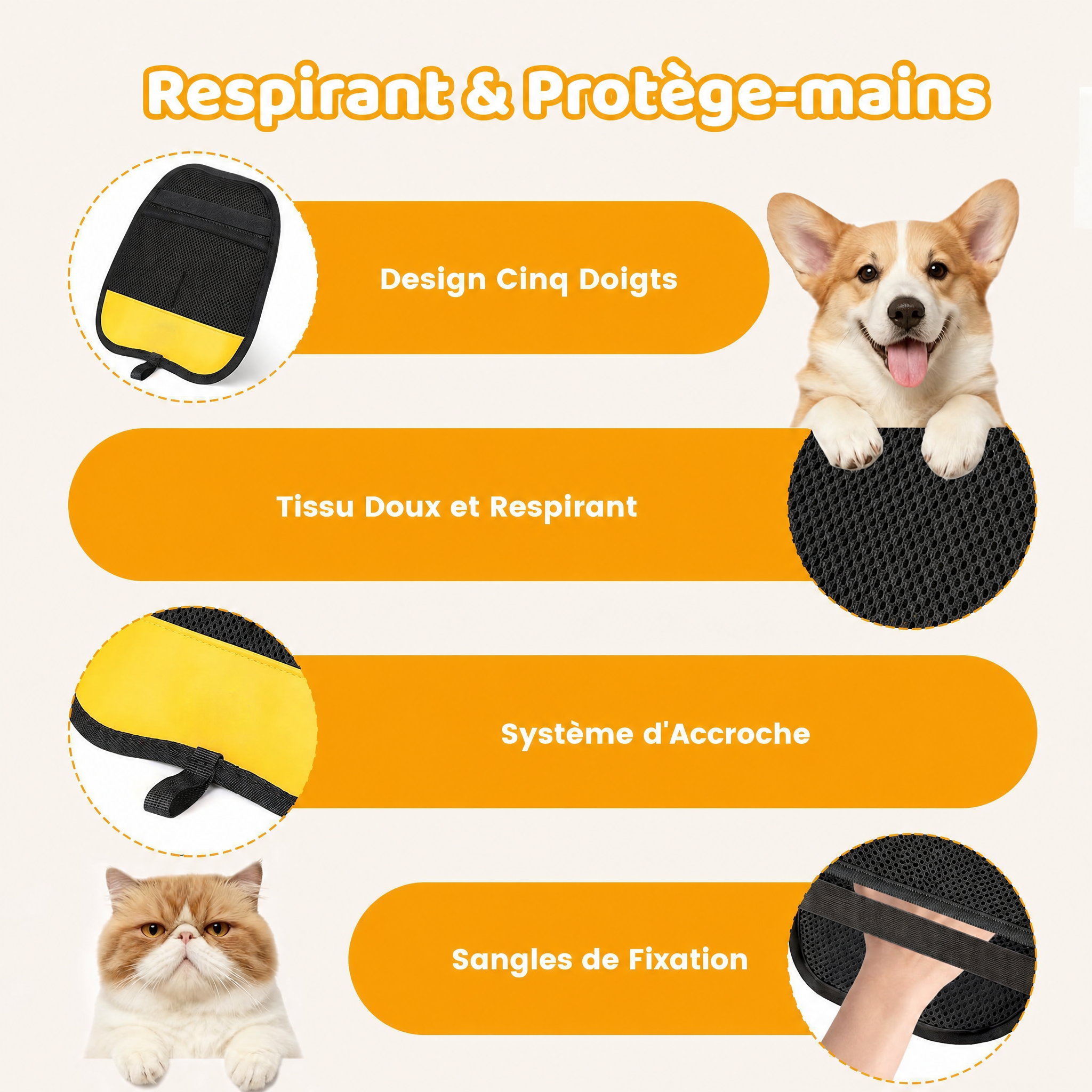 Gant de toilettage anti-poils pour chien et chat