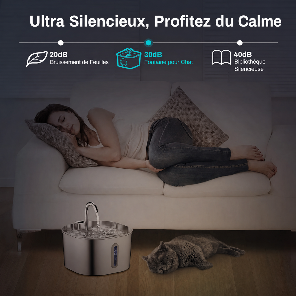 Fontaine à Eau Inox 2,2 L pour Chat & Chien — ultra silencieuse 30 dB