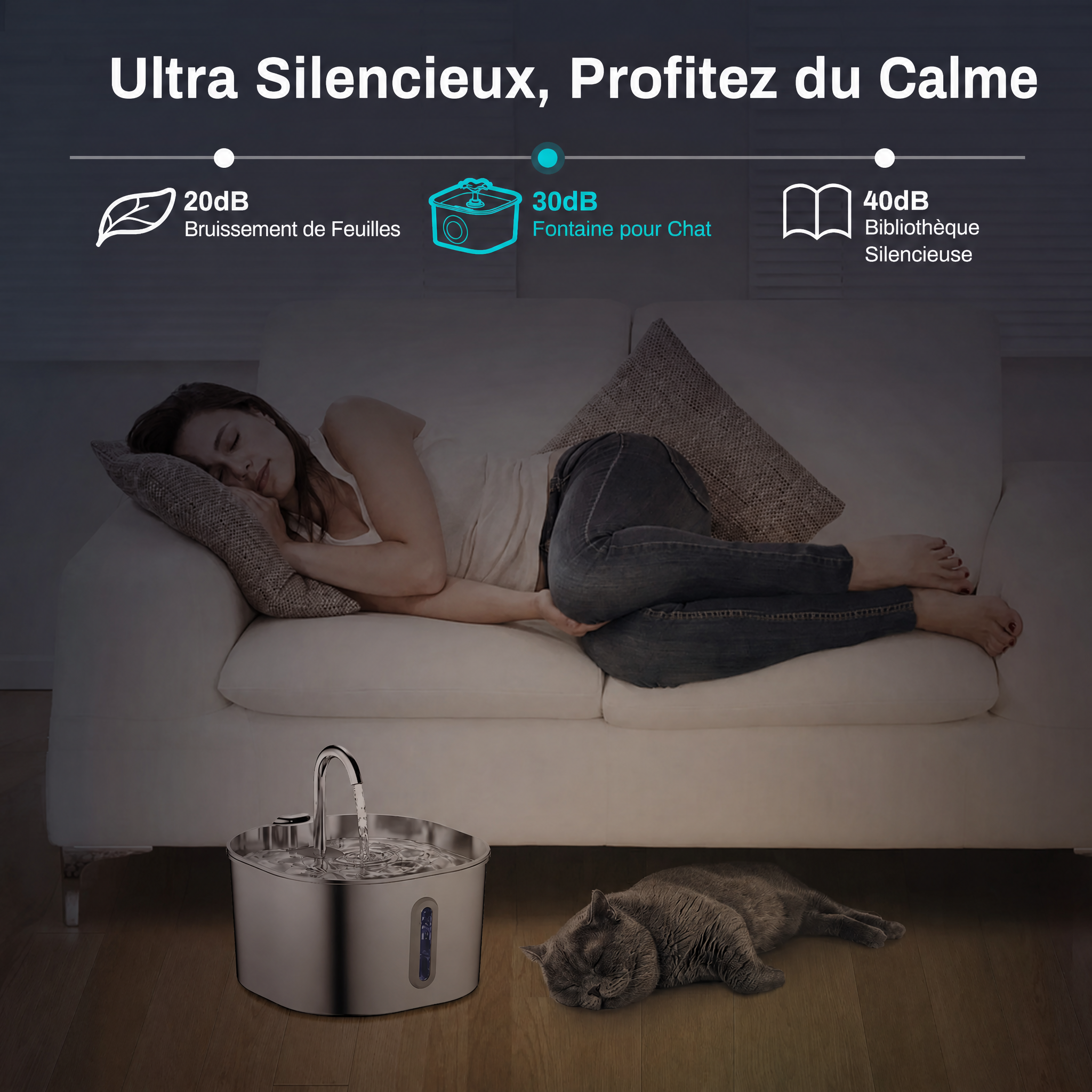 Fontaine à Eau Inox 2,2 L pour Chat & Chien — ultra silencieuse 30 dB