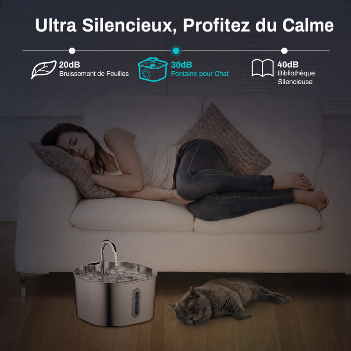 Fontaine à Eau Inox 2,2 L pour Chat & Chien — ultra silencieuse 30 dB