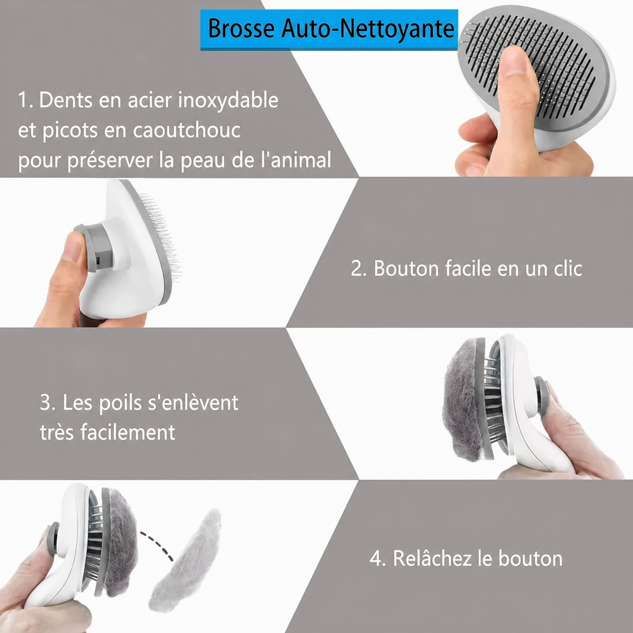 Brosse auto-nettoyante grise pour chien et chat