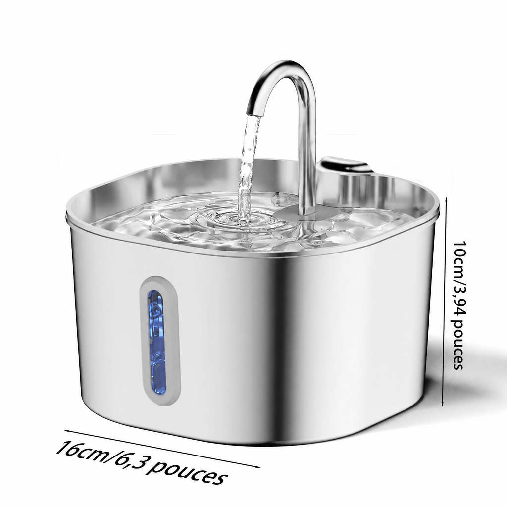 Fontaine à Eau Inox 2,2 L pour Chat & Chien — dimensions 16 x 10 cm