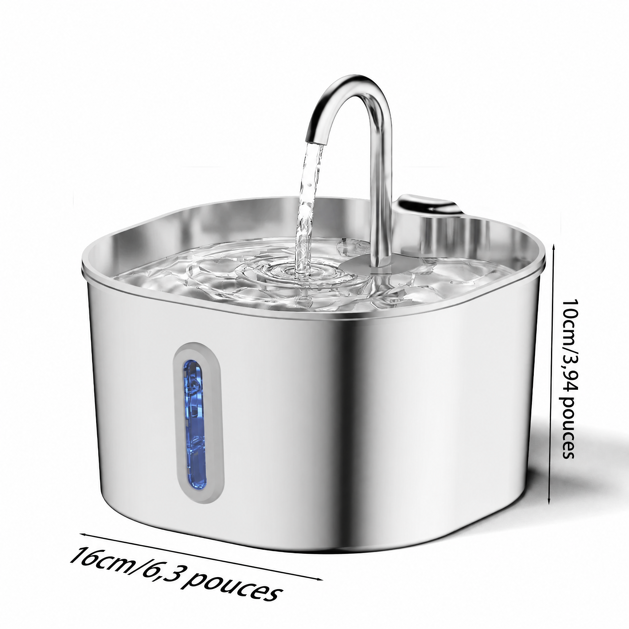 Fontaine à Eau Inox 2,2 L pour Chat & Chien — dimensions 16 x 10 cm