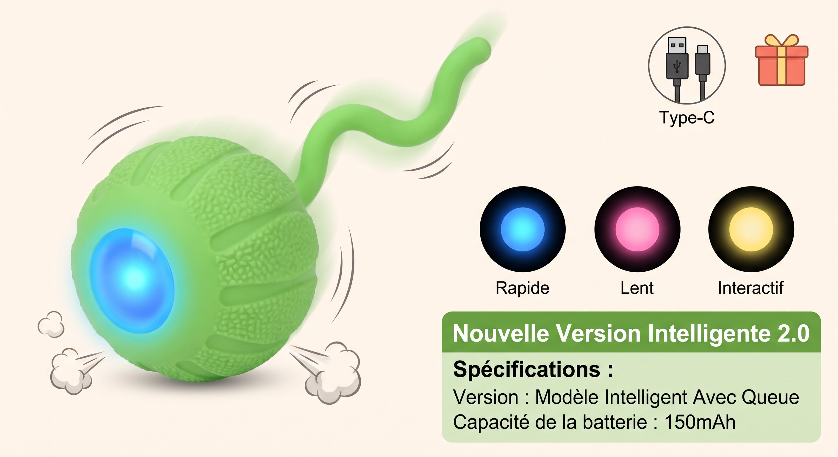 Balle interactive verte pour chat, rechargeable USB-C