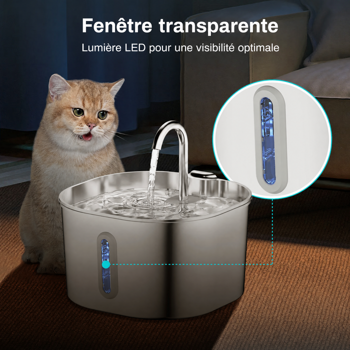 Fontaine à Eau Inox 2,2 L pour Chat & Chien — hublot de niveau