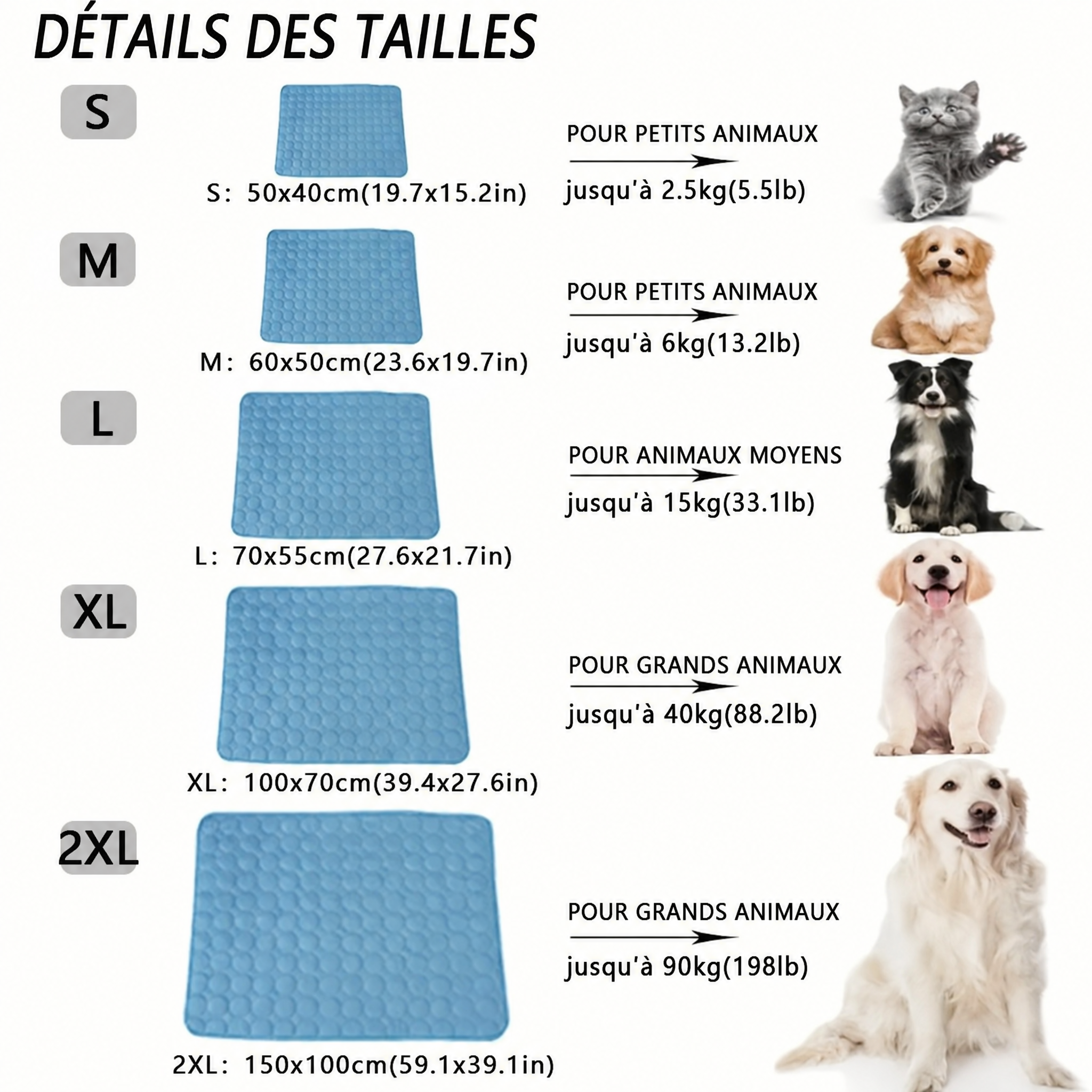 Tapis Rafraîchissant pour Chien & Chat — Soie Glacée — guide des tailles