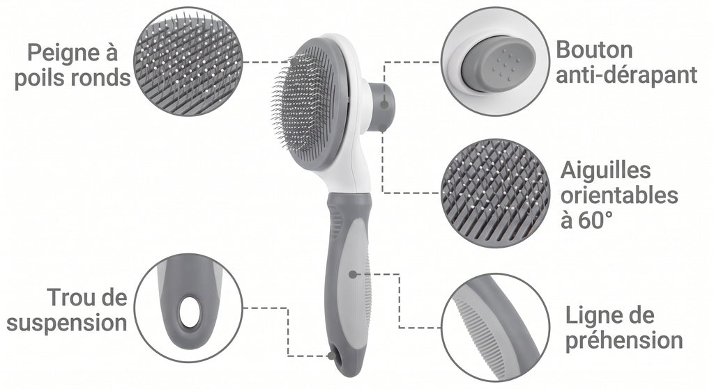 Brosse auto-nettoyante grise pour chien et chat