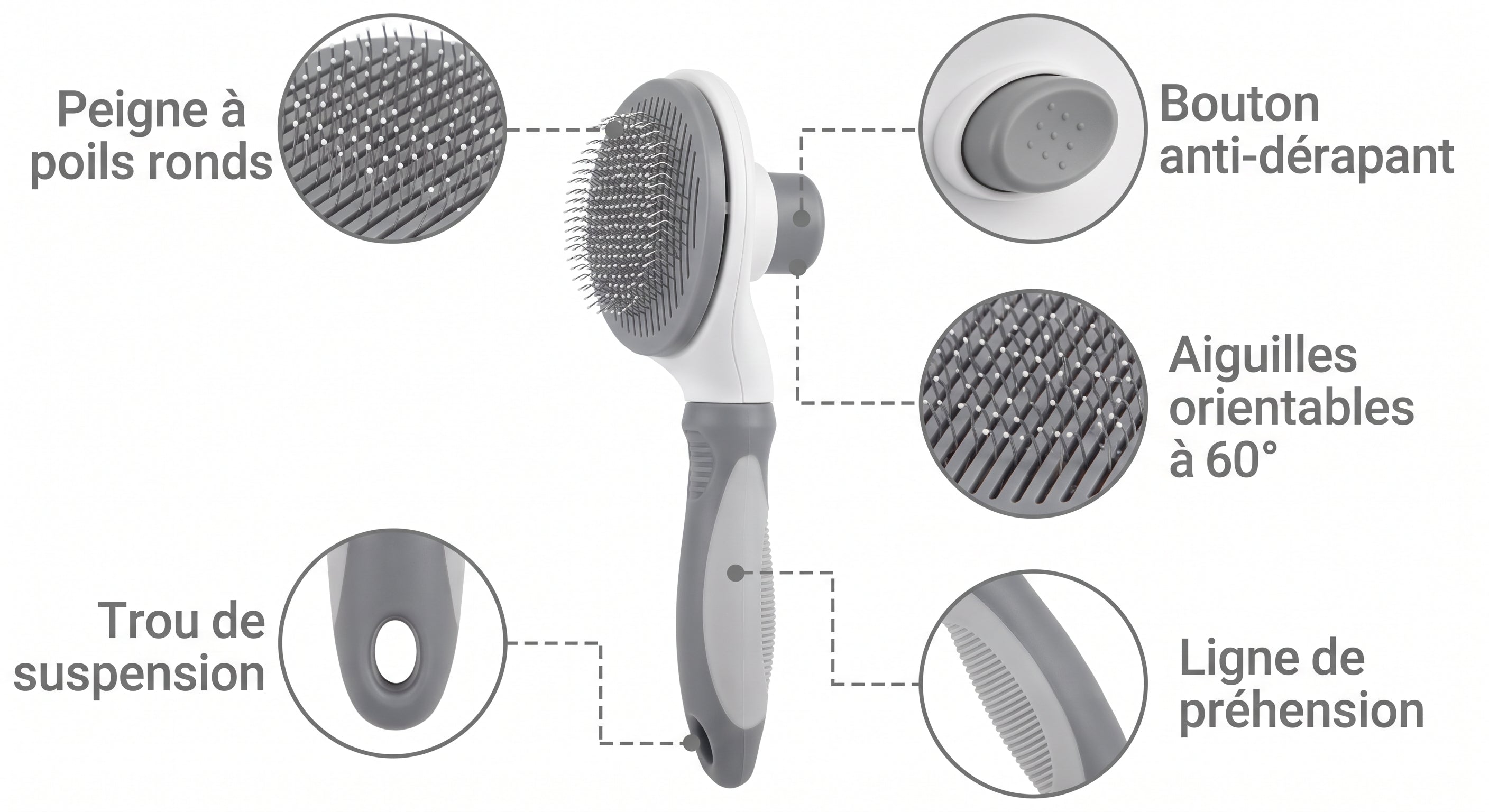Brosse auto-nettoyante grise pour chien et chat