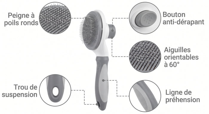 Brosse auto-nettoyante grise pour chien et chat