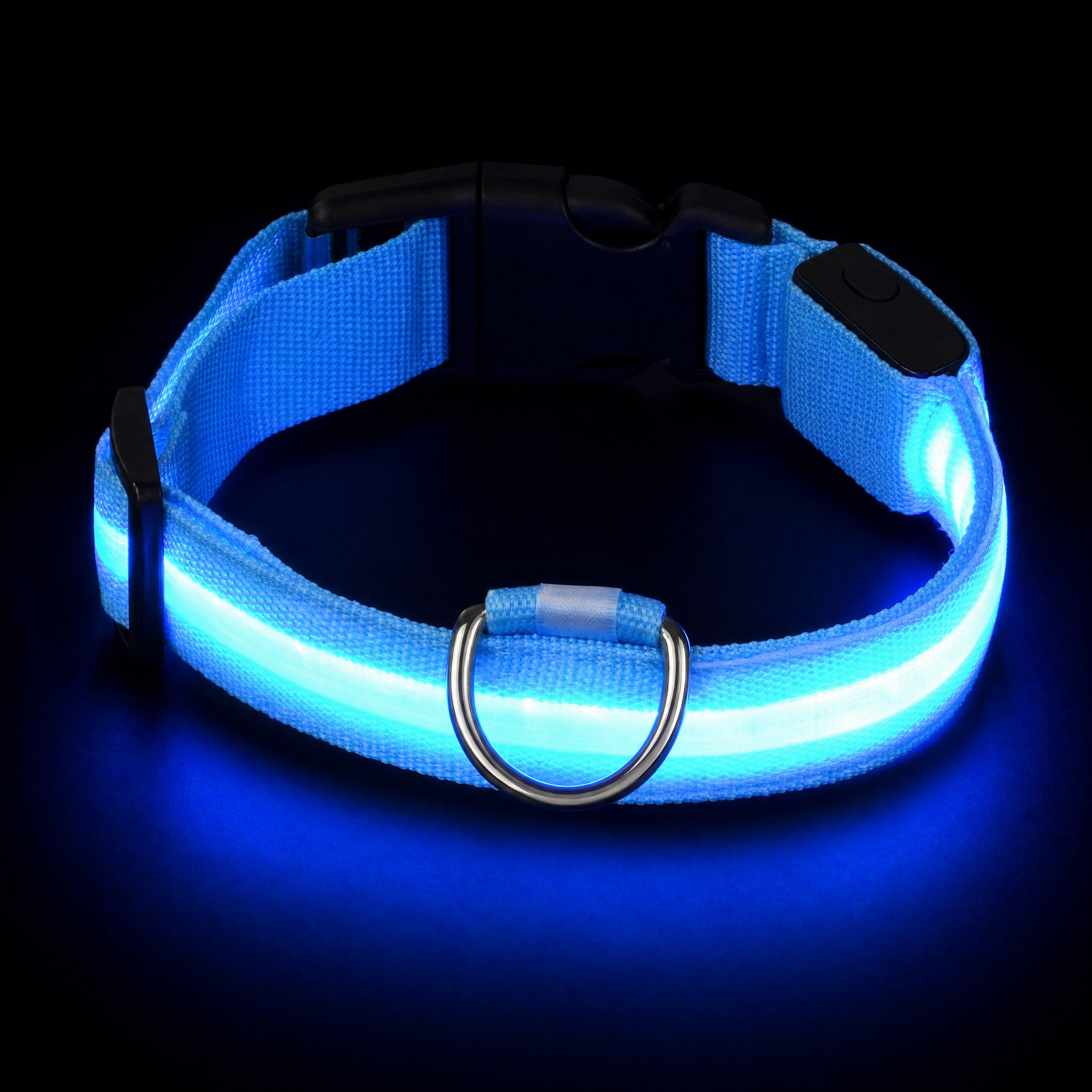 Collier LED rechargeable USB pour chien, sangle nylon bleu avec boucle et anneau pour la laisse