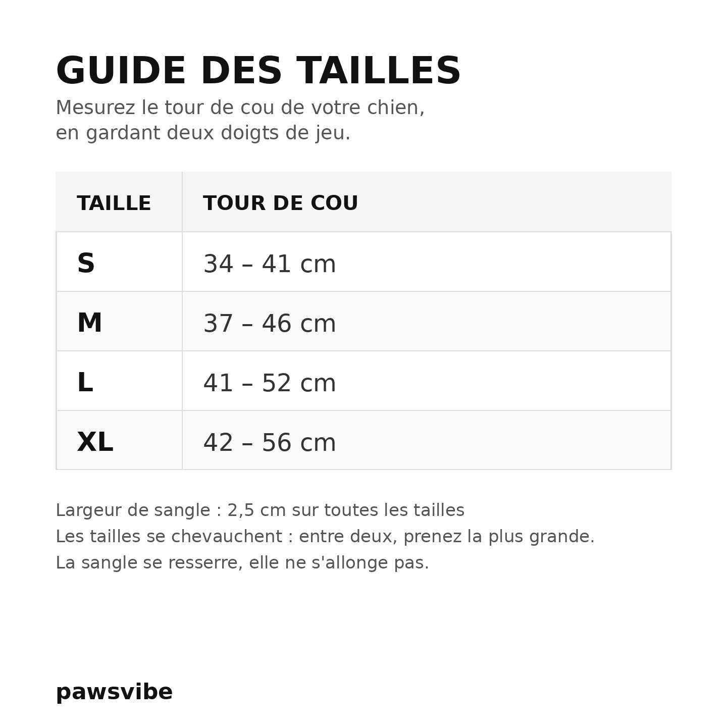Guide des tailles : tour de cou de 34 a 56 cm selon la taille