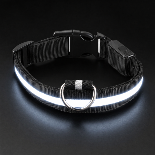 Collier LED rechargeable USB pour chien, sangle nylon noir avec boucle et anneau pour la laisse