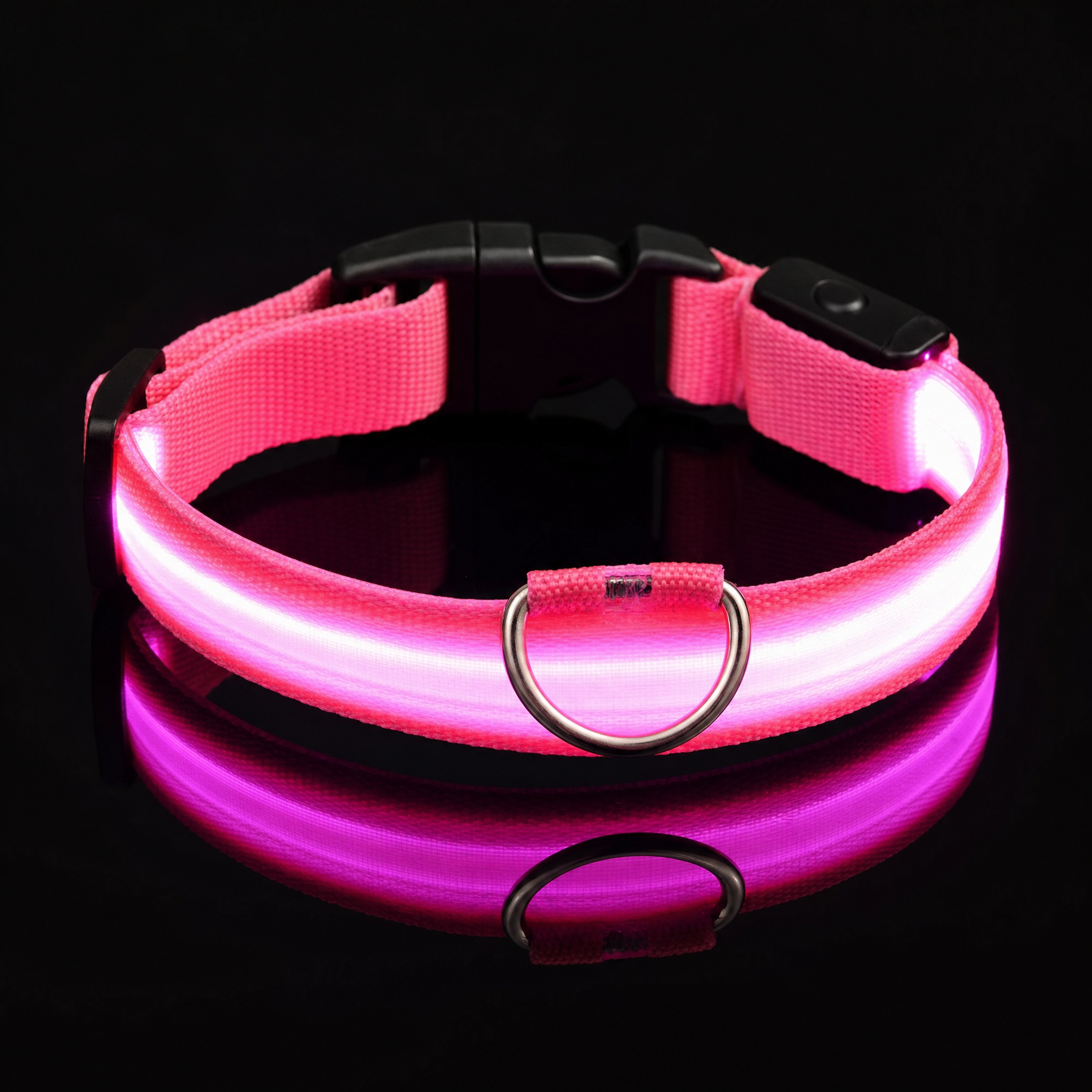 Collier LED rechargeable USB pour chien, sangle nylon rose avec boucle et anneau pour la laisse