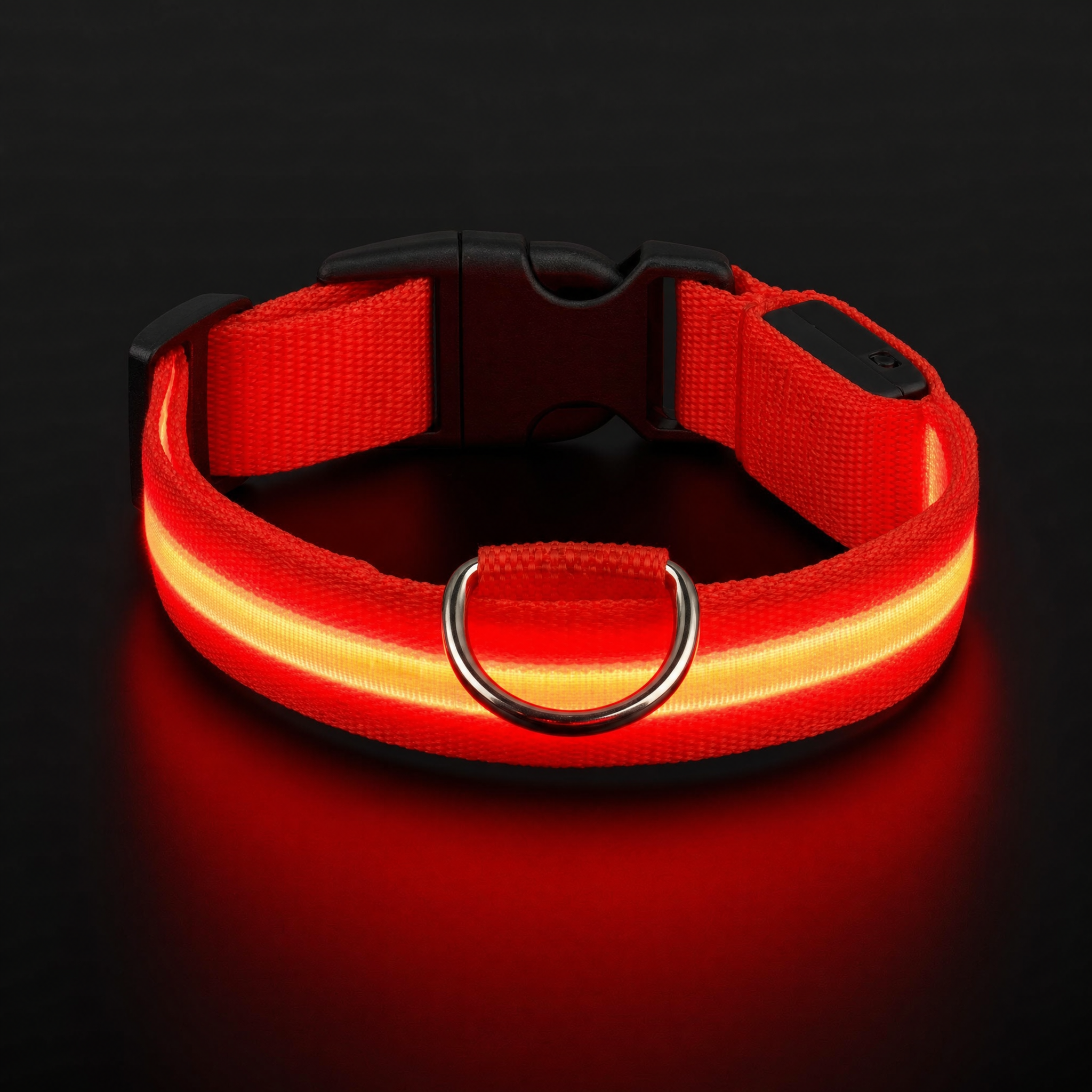 Collier LED rechargeable USB pour chien, sangle nylon rouge avec boucle et anneau pour la laisse