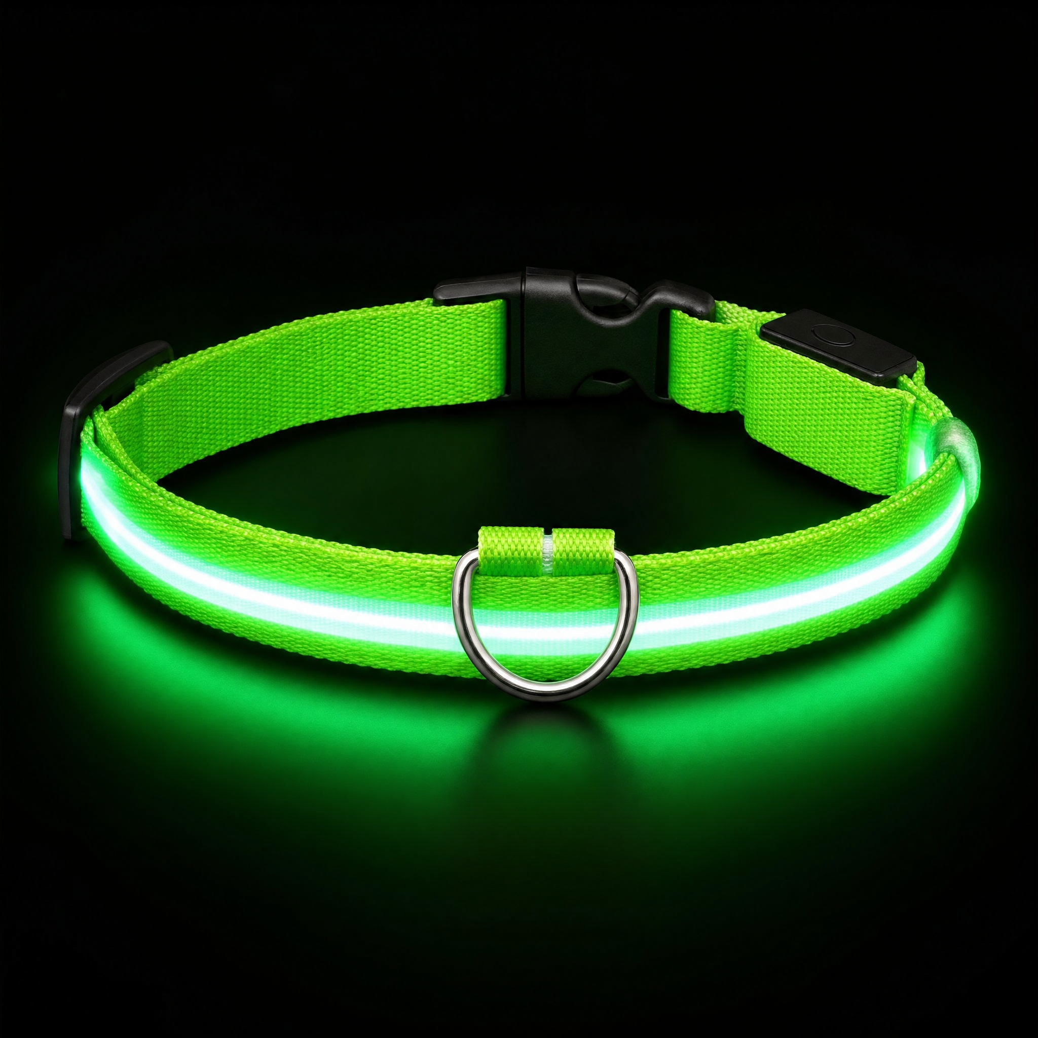 Collier LED rechargeable USB pour chien, sangle nylon vert avec boucle et anneau pour la laisse