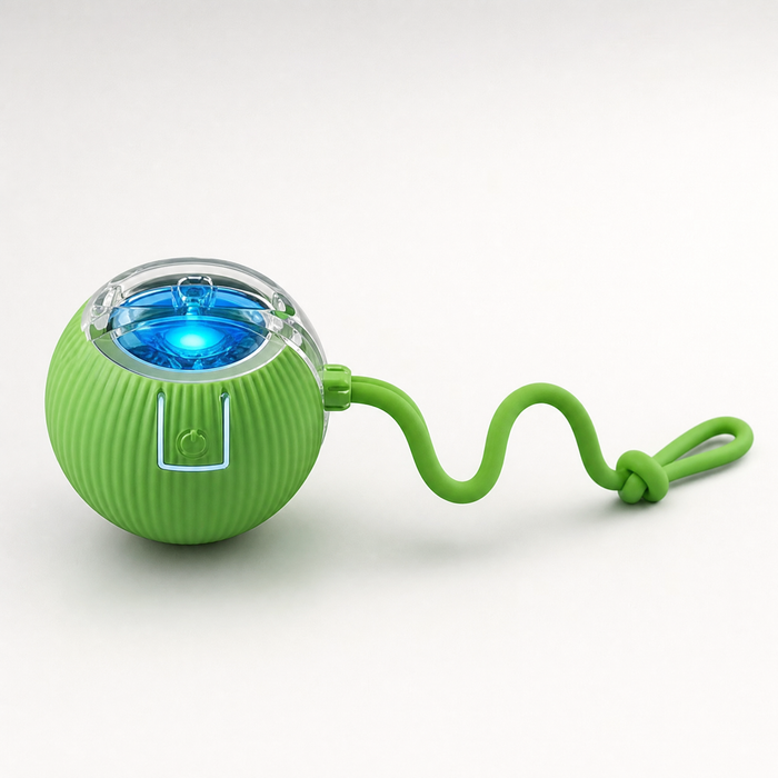 a small GREEN spherical interactive cat toy ball with fine vertical ribbed texture, a transparent rounded cap on one sid