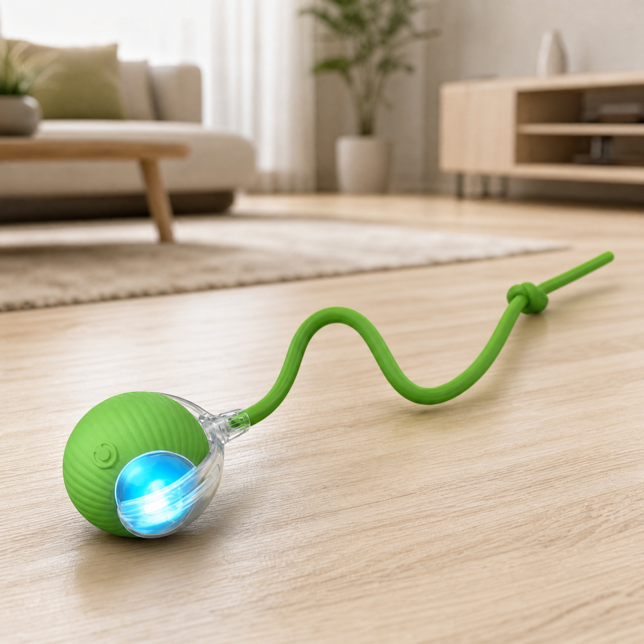 a small GREEN spherical interactive cat toy ball with fine vertical ribbed texture, a transparent rounded cap on one sid