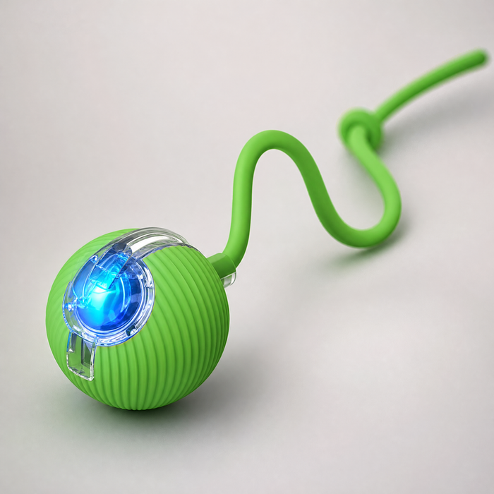 a small GREEN spherical interactive cat toy ball with fine vertical ribbed texture, a transparent rounded cap on one sid