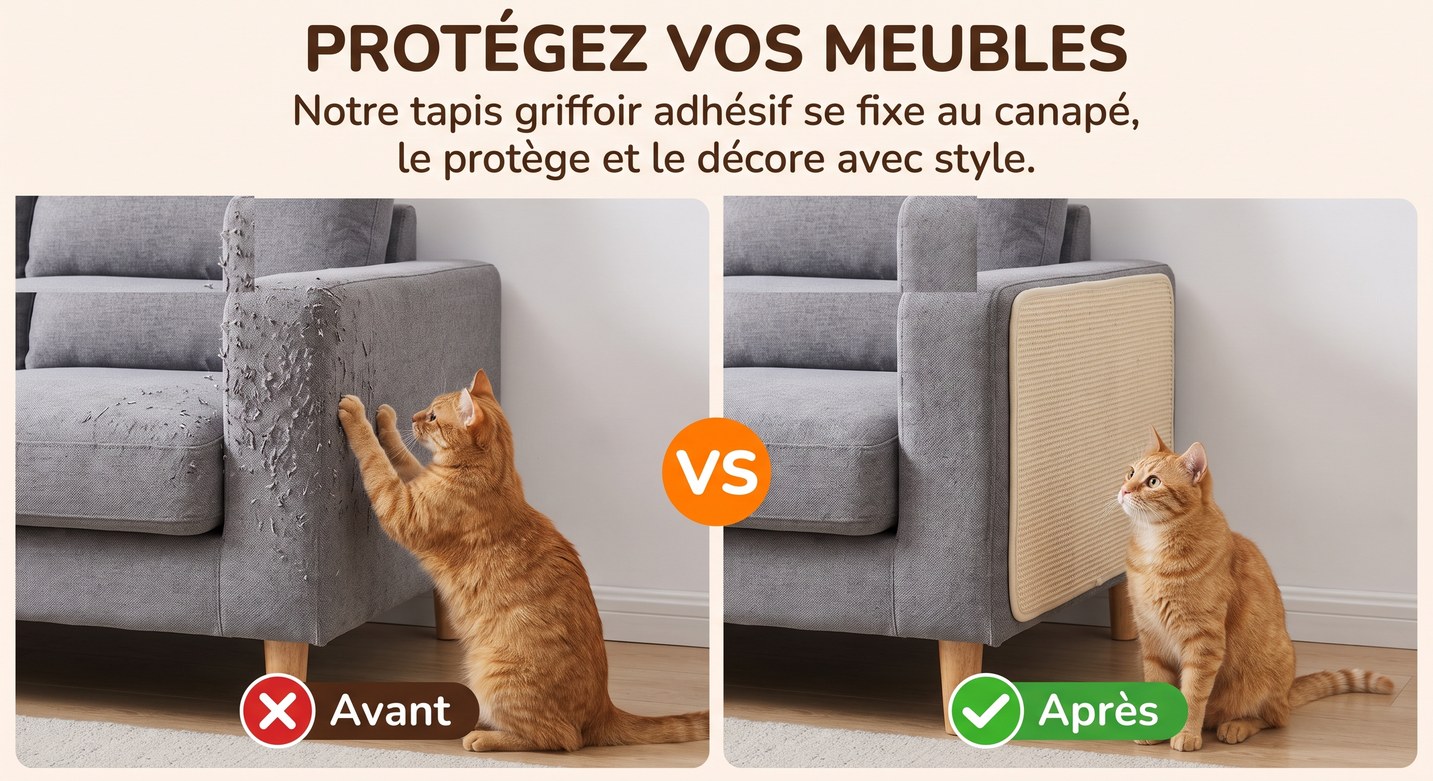 Protégez vos meubles — avant/après sur le même canapé avec le tapis anti-griffures